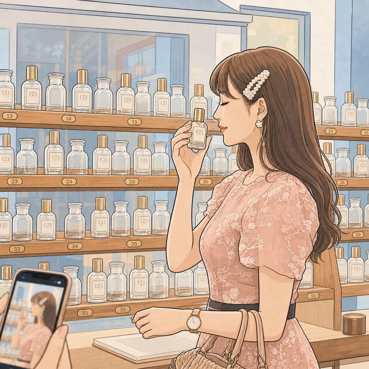 Fragrance-making step 9, taking a photo with a finished fragrance in front of the Seoul atelier scent library