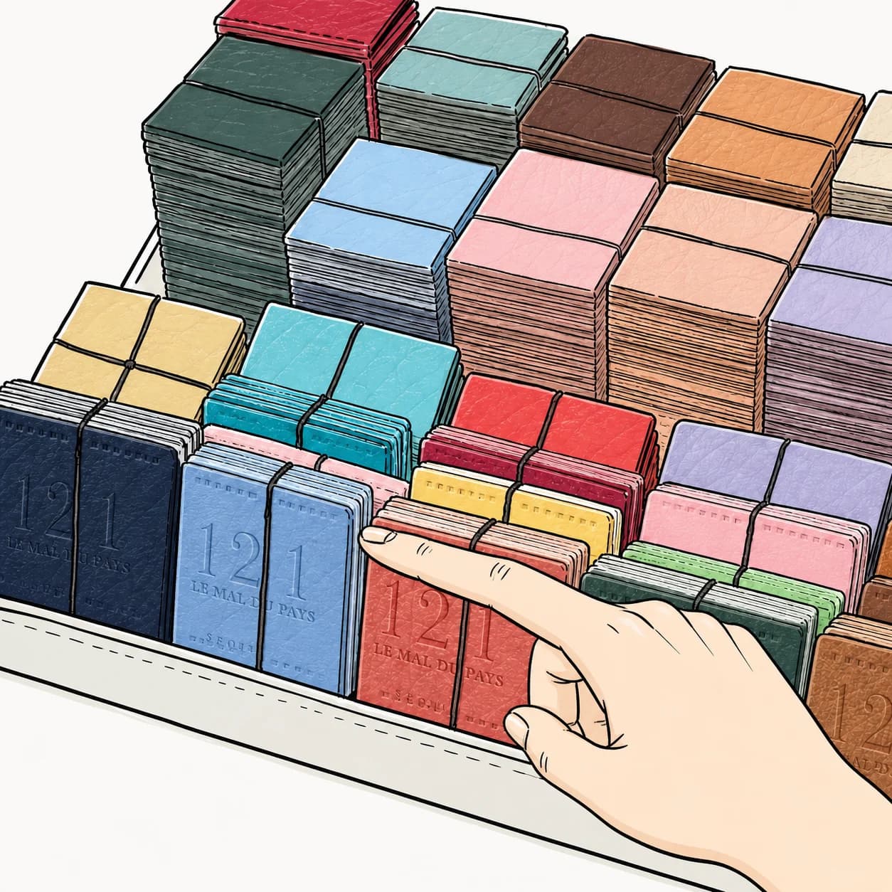 Fragrance-making step 4, pointing to one of many embossed leather label colors