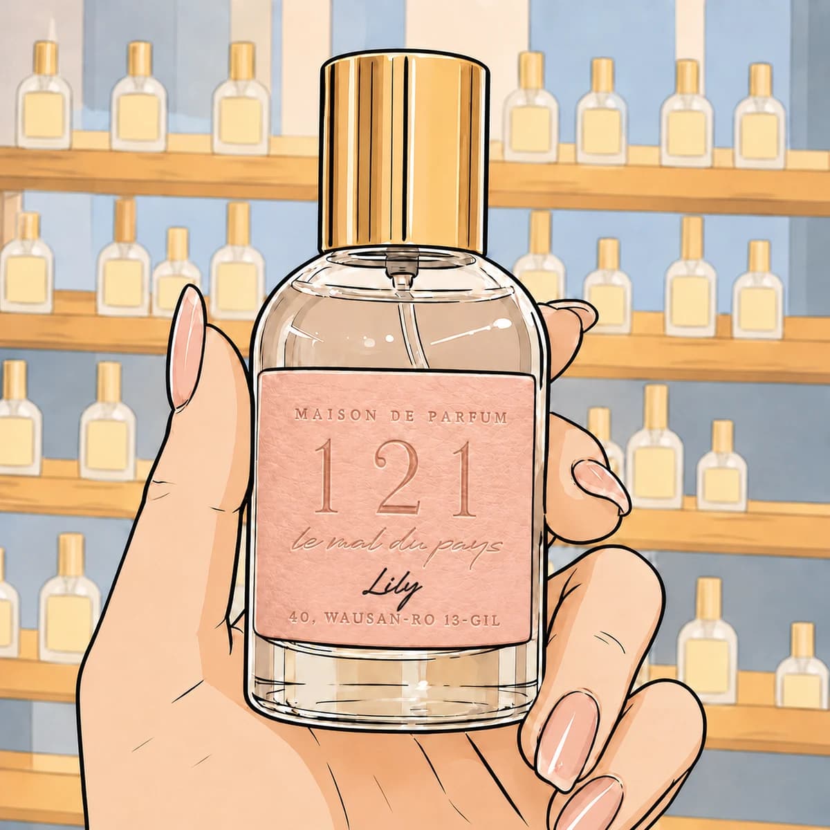 Fragrance-making step 7, holding the finished fragrance with its engraved leather label