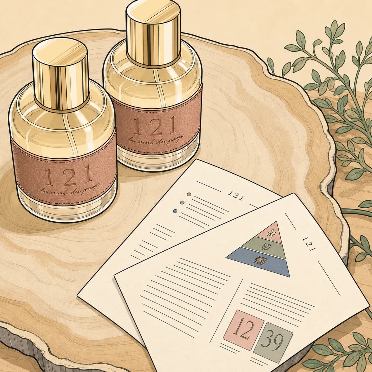 Fragrance-making step 8, finished fragrances with a card showing their scent notes, stories, and selected numbers