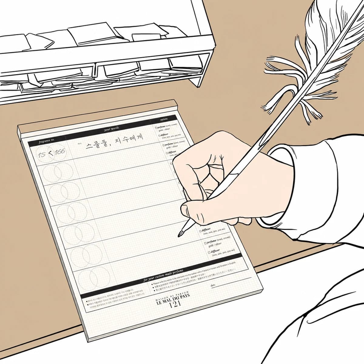Fragrance-making step 3, writing scent numbers, proportions, and engraving words on the top-bound B5 studio form